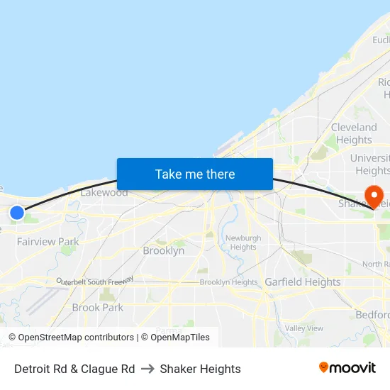 Detroit Rd & Clague Rd to Shaker Heights map