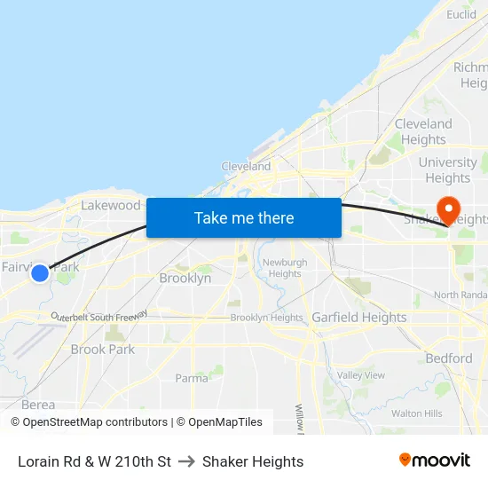 Lorain Rd & W 210th St to Shaker Heights map