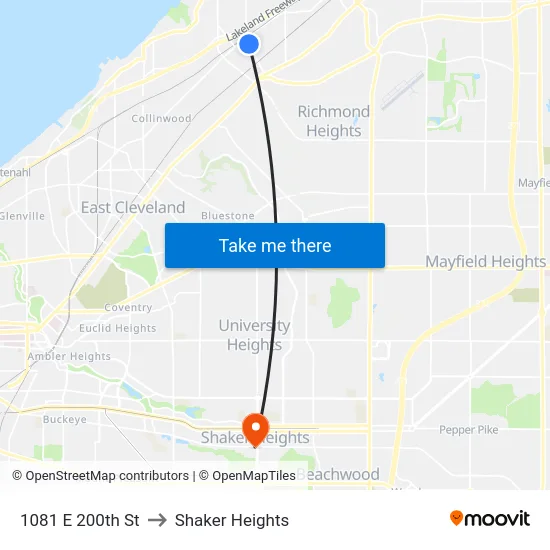 1081 E 200th St to Shaker Heights map