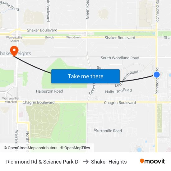 Richmond Rd & Science Park Dr to Shaker Heights map