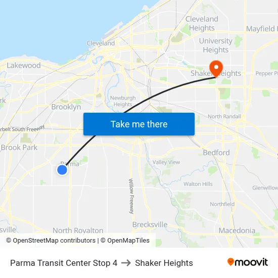 Parma Transit Center Stop 4 to Shaker Heights map