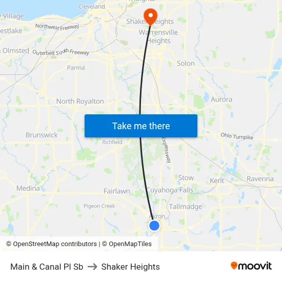 Main & Canal Pl Sb to Shaker Heights map