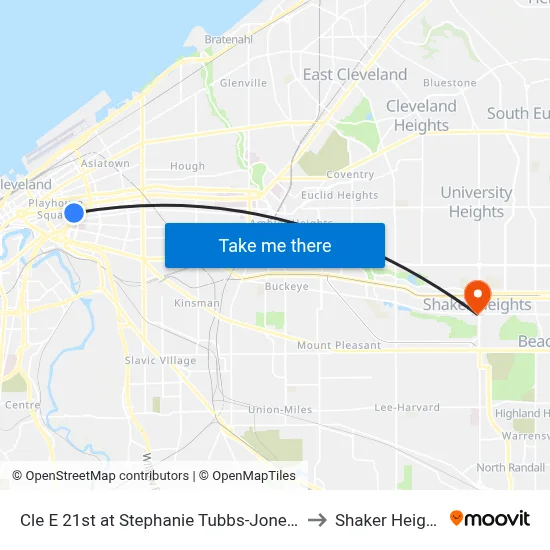 Cle E 21st at Stephanie Tubbs-Jones Sb to Shaker Heights map