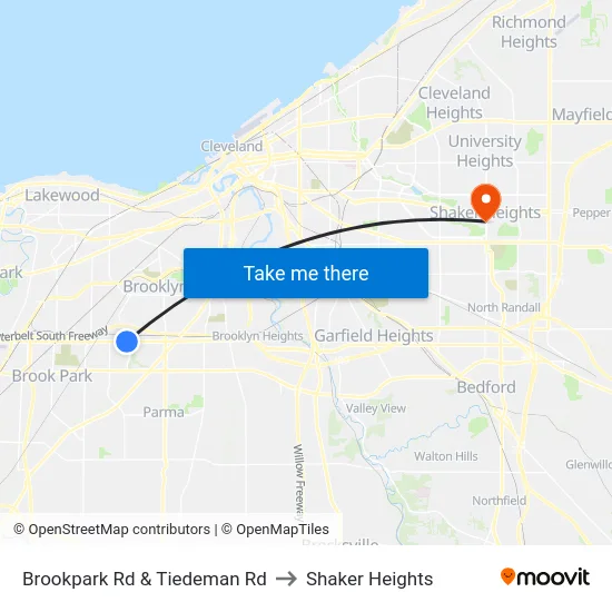 Brookpark Rd & Tiedeman Rd to Shaker Heights map