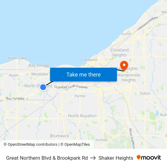Great Northern Blvd & Brookpark Rd to Shaker Heights map