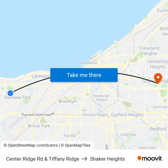 Center Ridge Rd & Tiffany Ridge to Shaker Heights map