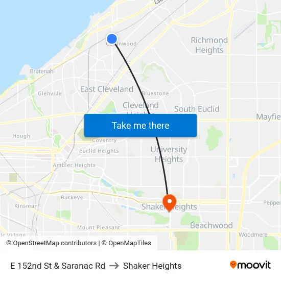E 152nd St & Saranac Rd to Shaker Heights map