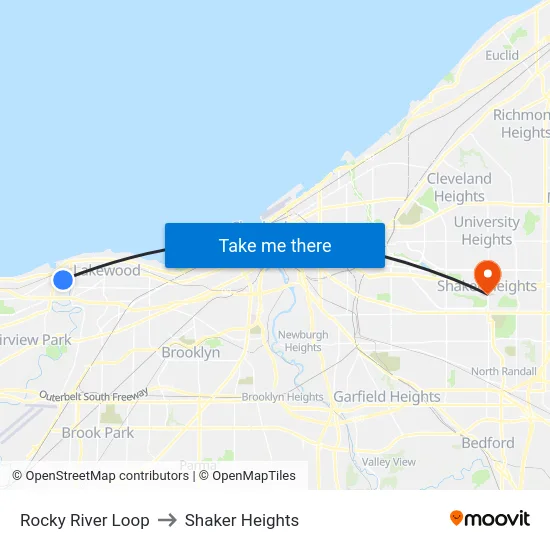 Rocky River Loop to Shaker Heights map