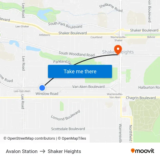 Avalon Station to Shaker Heights map