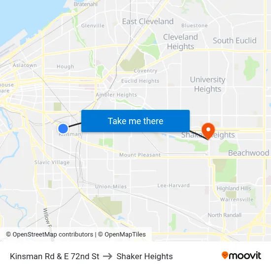 Kinsman Rd & E 72nd St to Shaker Heights map