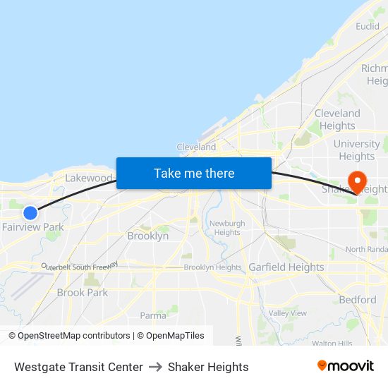 Westgate Transit Center to Shaker Heights map