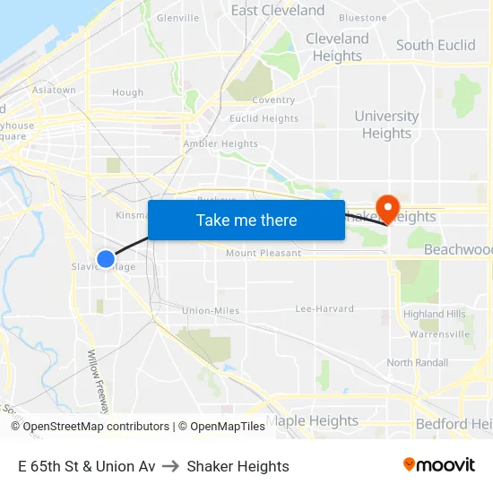 E 65th St & Union Av to Shaker Heights map