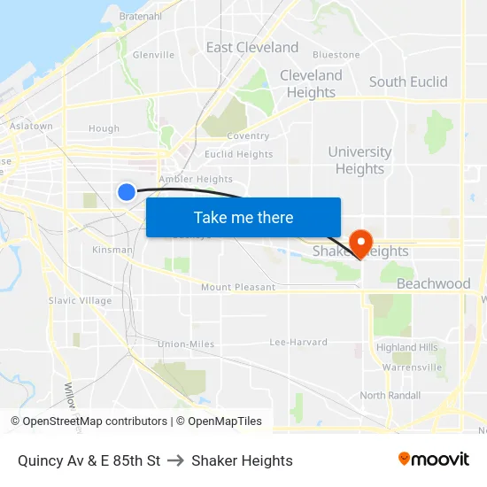 Quincy Av & E 85th St to Shaker Heights map