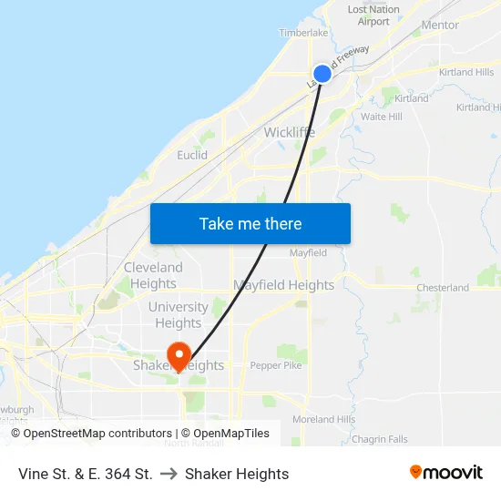 Vine St. & E. 364 St. to Shaker Heights map