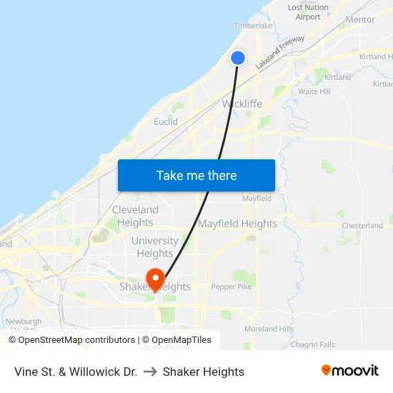 Vine St. & Willowick Dr. to Shaker Heights map