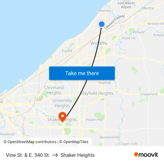 Vine St. & E. 340 St. to Shaker Heights map