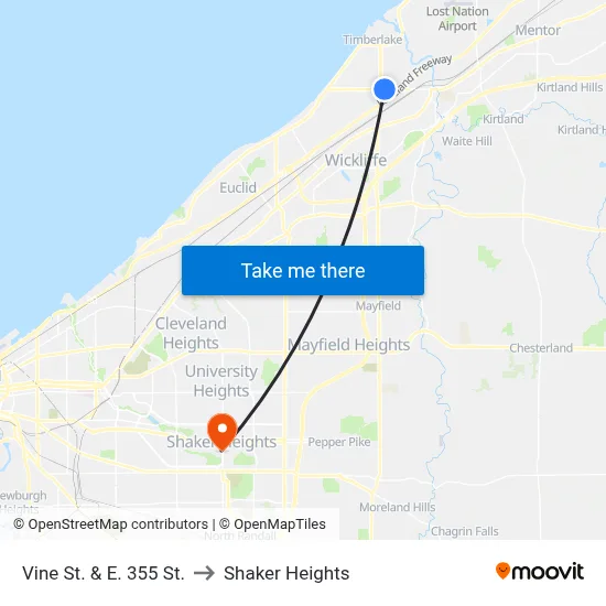 Vine St. & E. 355 St. to Shaker Heights map