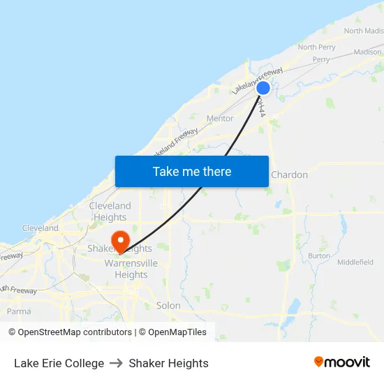 Lake Erie College to Shaker Heights map