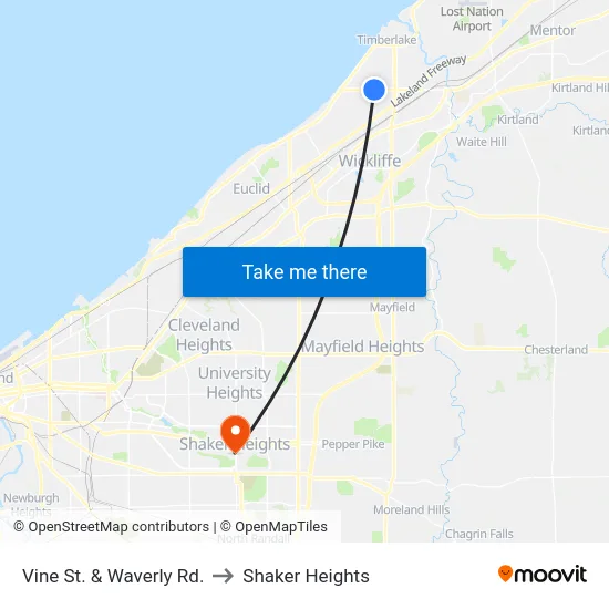 Vine St. & Waverly Rd. to Shaker Heights map