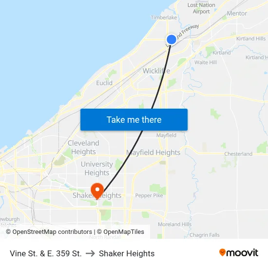Vine St. & E. 359 St. to Shaker Heights map
