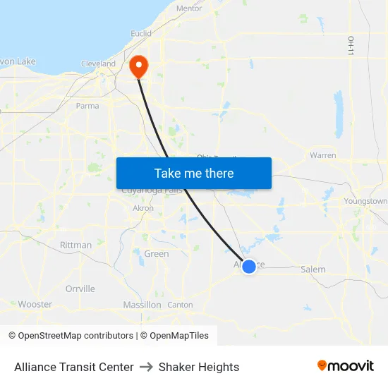 Alliance Transit Center to Shaker Heights map