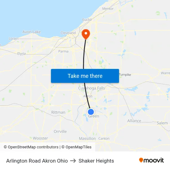 Arlington Road Akron Ohio to Shaker Heights map