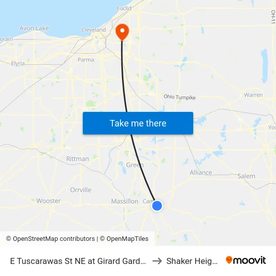 E Tuscarawas St NE at Girard Gardens to Shaker Heights map