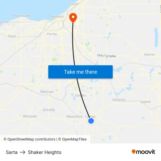 Sarta to Shaker Heights map