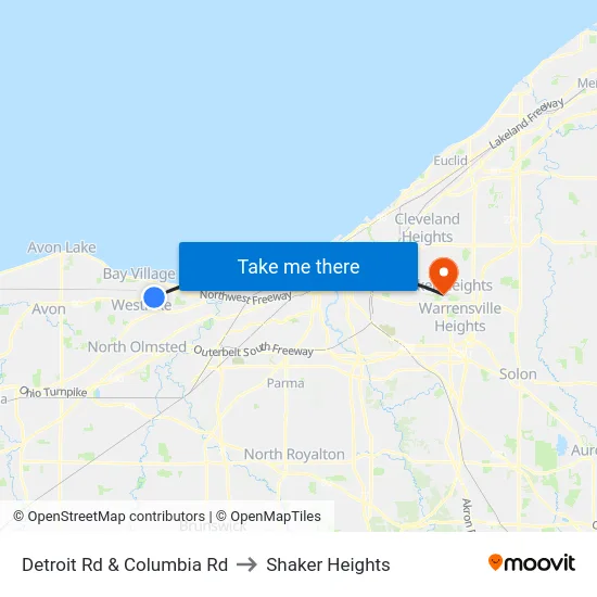 Detroit Rd & Columbia Rd to Shaker Heights map