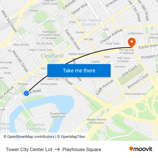 Tower City Center Lot to Playhouse Square map