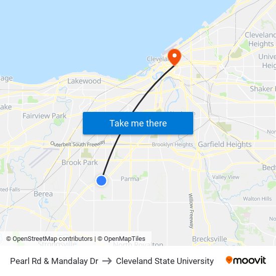 Pearl Rd & Mandalay Dr to Cleveland State University map