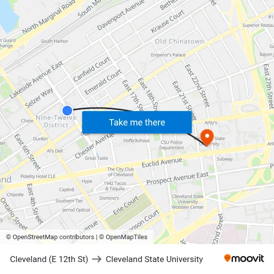 Cleveland (E 12th St) to Cleveland State University map