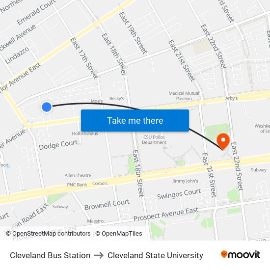 Cleveland Bus Station to Cleveland State University map