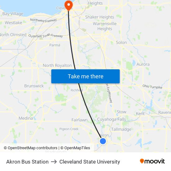 Akron Bus Station to Cleveland State University map