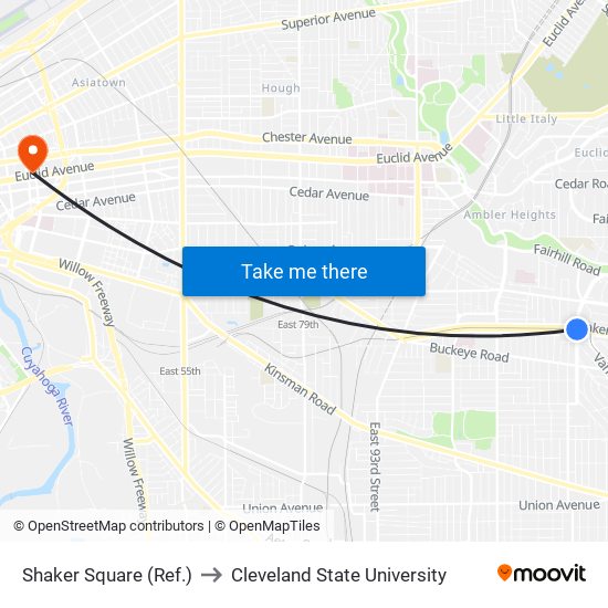 Shaker Square (Ref.) to Cleveland State University map