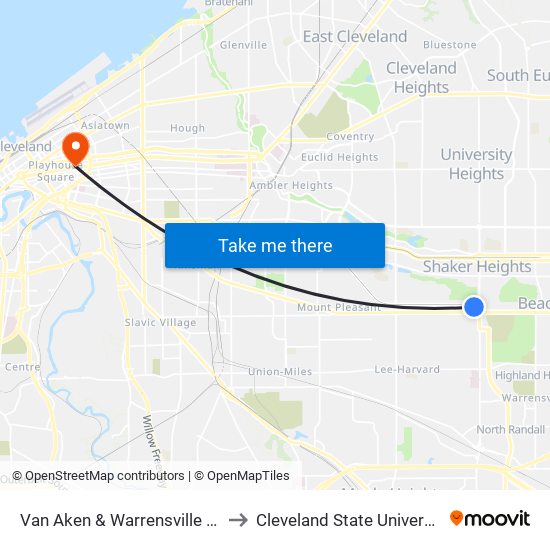 Van Aken & Warrensville Stn to Cleveland State University map
