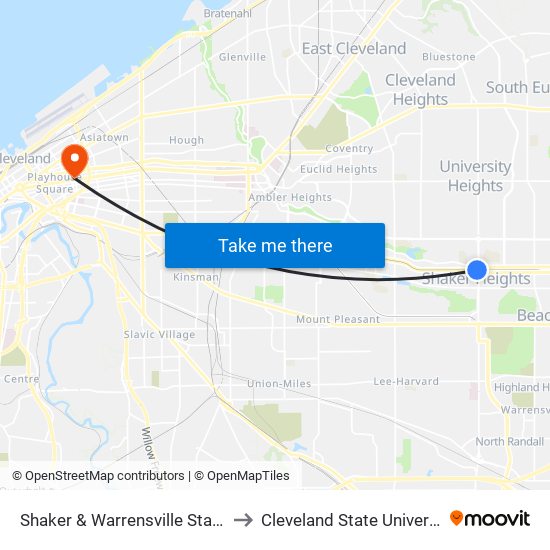 Shaker & Warrensville Station to Cleveland State University map