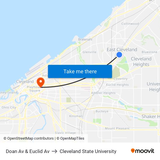 Doan Av & Euclid Av to Cleveland State University map