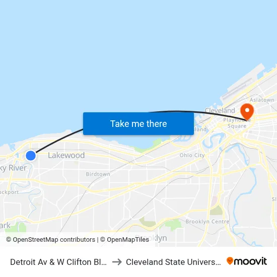 Detroit Av & W Clifton Blvd to Cleveland State University map