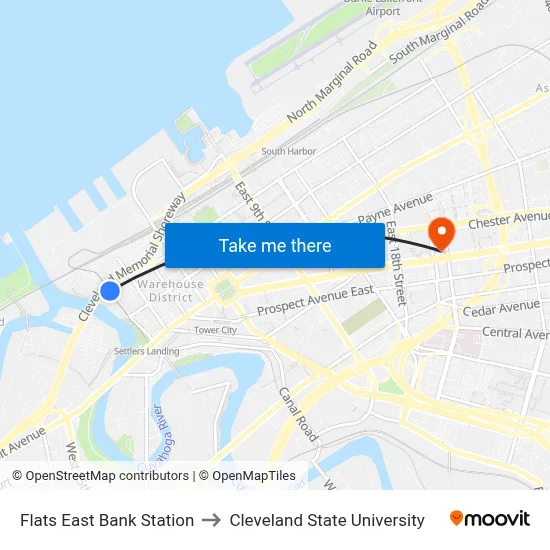 Flats East Bank Station to Cleveland State University map