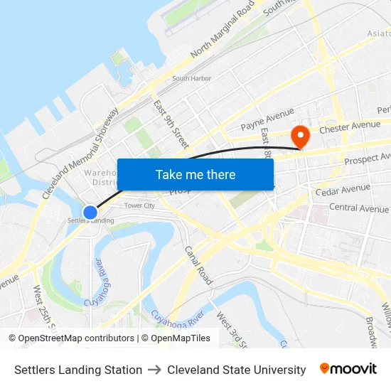 Settlers Landing Station to Cleveland State University map