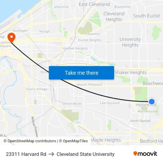23311 Harvard Rd to Cleveland State University map