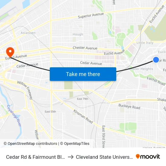 Cedar Rd & Fairmount Blvd to Cleveland State University map