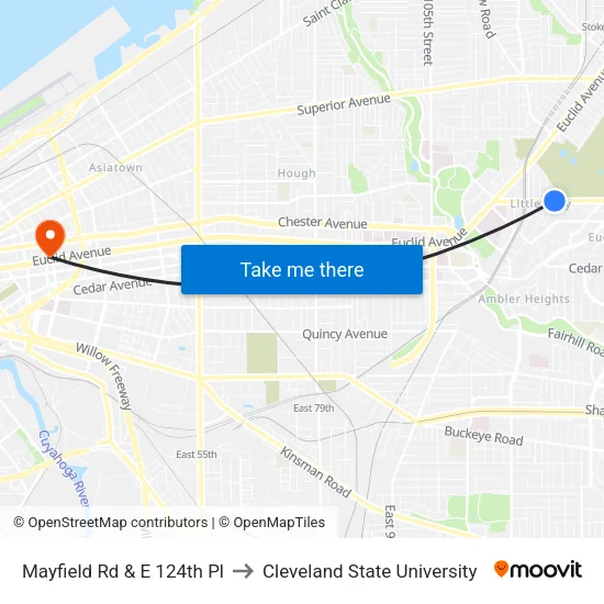 Mayfield Rd & E 124th Pl to Cleveland State University map