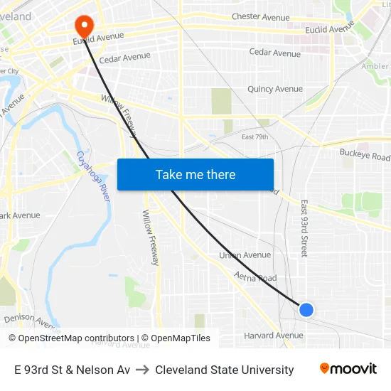 E 93rd St & Nelson Av to Cleveland State University map