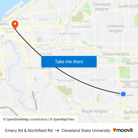 Emery Rd & Northfield Rd to Cleveland State University map