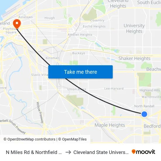 N Miles Rd & Northfield Rd to Cleveland State University map