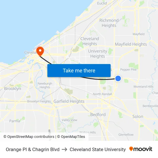 Orange Pl & Chagrin Blvd to Cleveland State University map