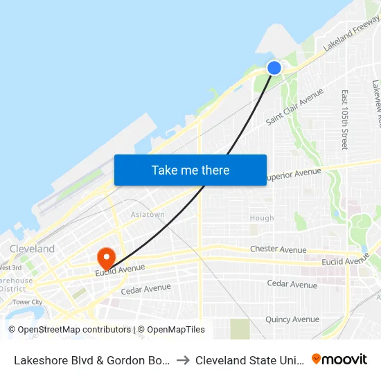 Lakeshore Blvd & Gordon Boat Ramp to Cleveland State University map