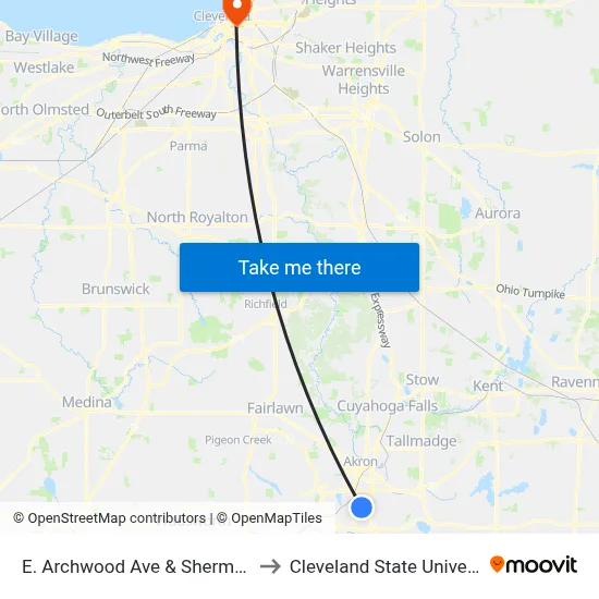 E. Archwood Ave & Sherman St to Cleveland State University map